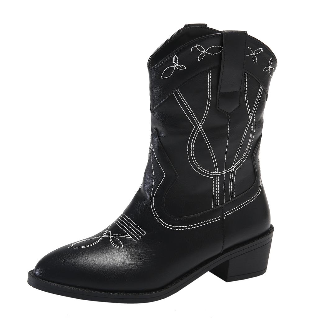 European and American Large Size Western Boots Cowboy Boots Women's Pointed Head Thick Heel Embroidered Short Boots Sleeve Fashion Boots Spring and
