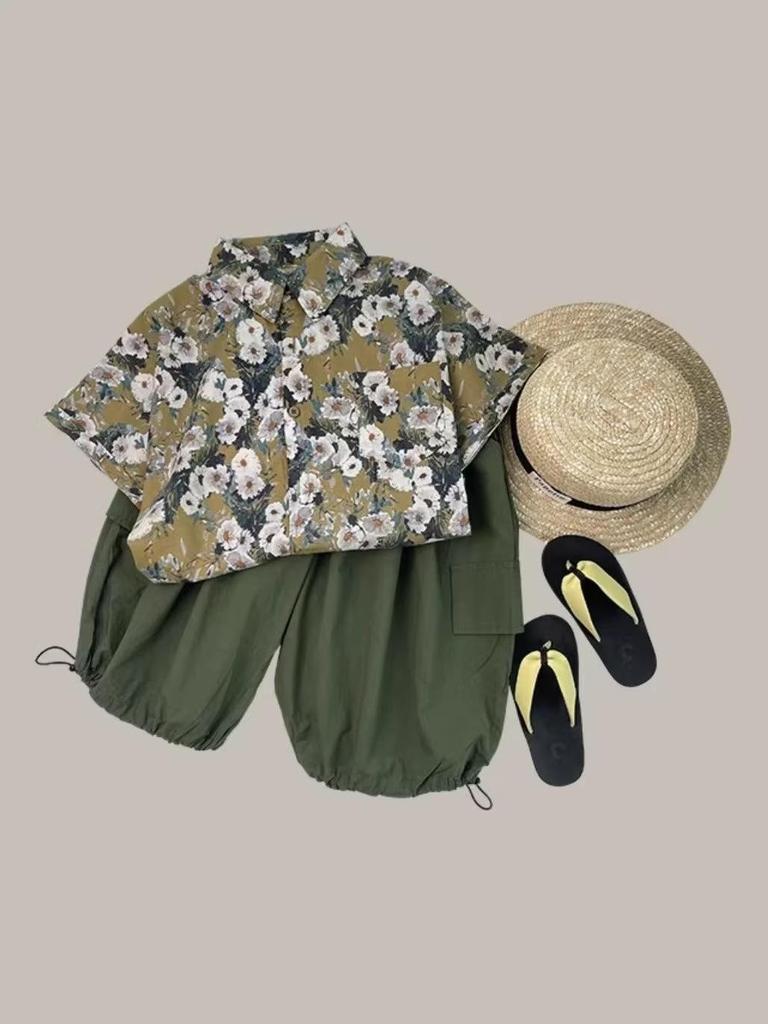 Boys' Retro Floral Short Sleeve Summer Set – Trendy Korean Style Two-Piece 2025