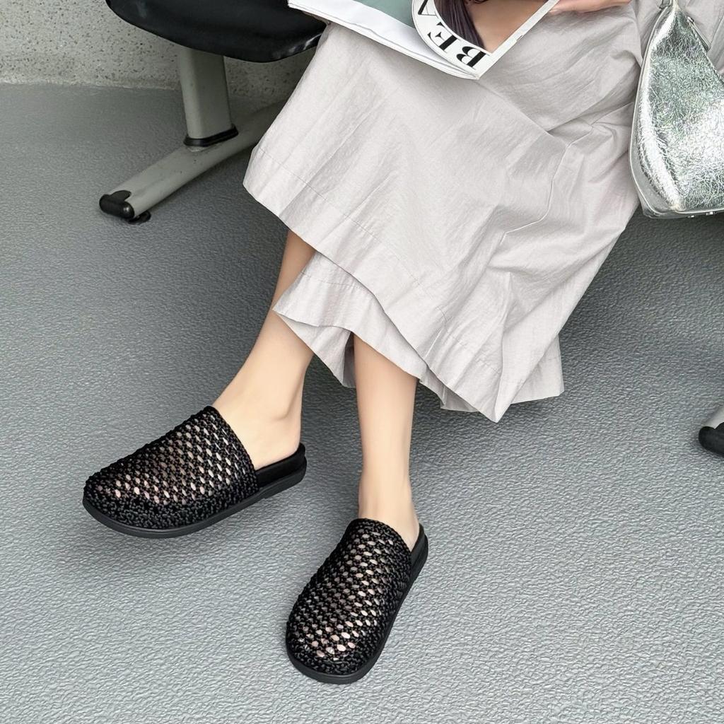 Woven hollowed-out baotou half slippers for women to wear summer new seaside beach thick-bottomed fishing net cool slippers