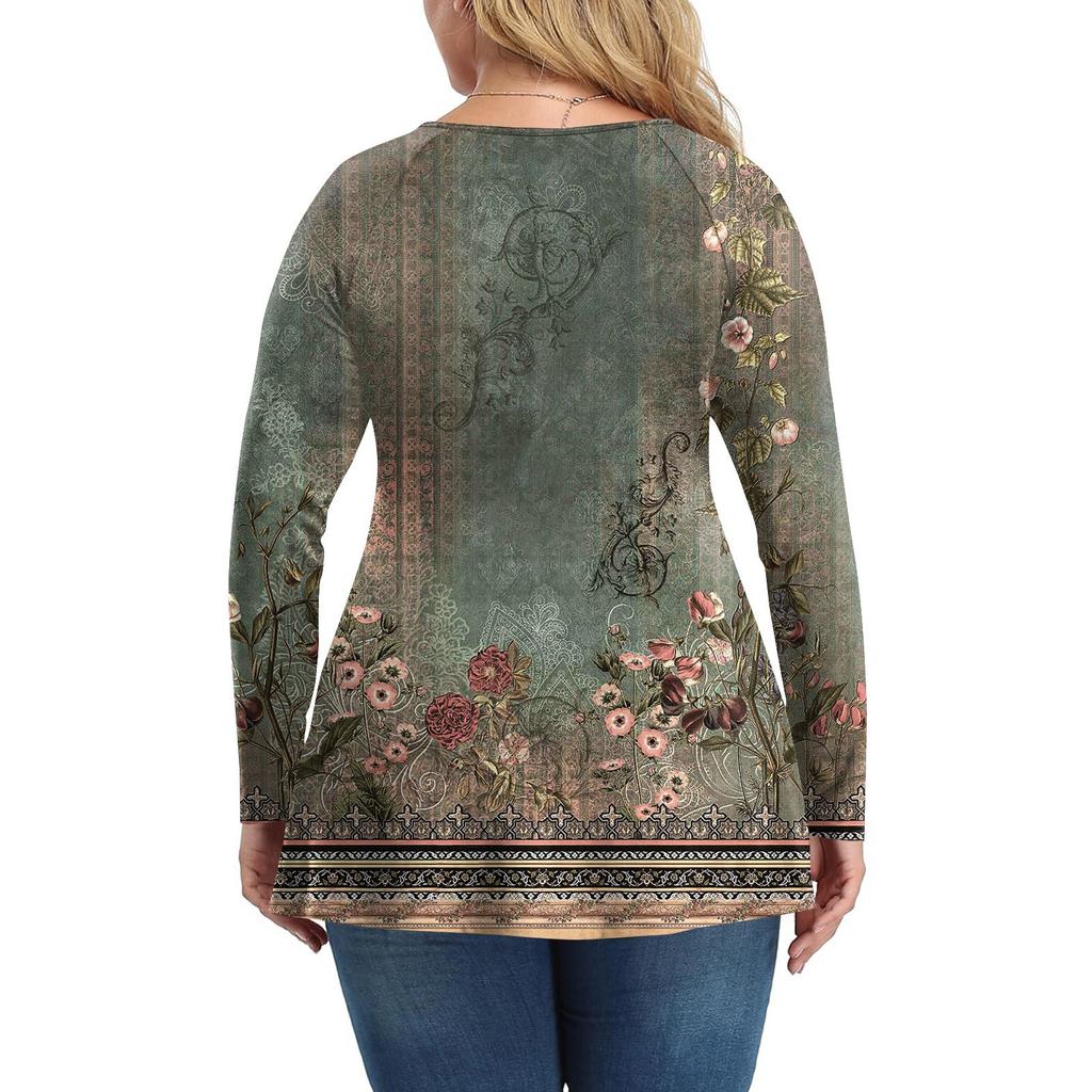 Women's Plus Size Shirt Long Sleeve Print Top Pleated Casual V-Neck Top