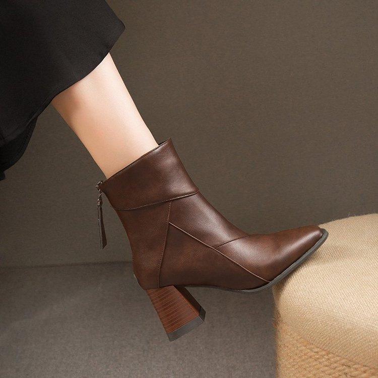 Women's Vintage Brown Chunky Heel Ankle Boots, 2025 Autumn/Winter Martin Style with Back Zipper High Heel.