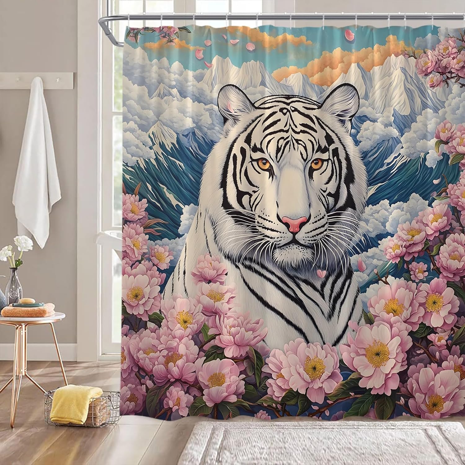 Tonnika Chen Pink/White/Blue Tiger Shower Curtain,Wildlife Floral Mountain Asian Animal Japanese Bathroom Home Curtain Decor With Hooks,