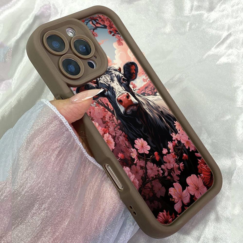 

JT128 Cherry Blossoms Black White Cow for iPhone 17 16 15 Pro Max Samsung S26 S25 S24 Ultra A17 A16 A07 A56 Xiaomi 15T Redmi 15c 14c 13C Soft TPU Case Redmi 15C 4G/5G(171.6) коричневий