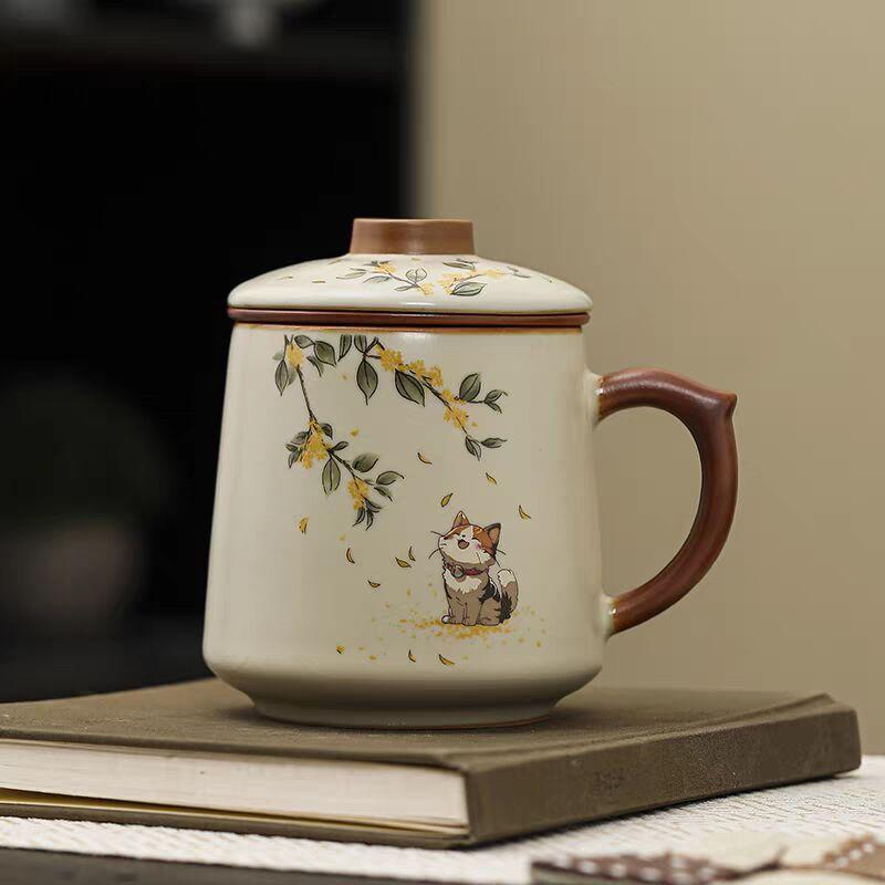 Beige Ru Kiln Teacup Large Capacity Ceramic Tea Separation Cup Museum Merchandise Teacup Team Building Meeting Commemorative Cup