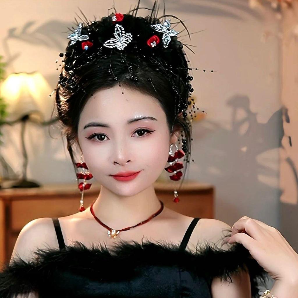 Large Bright Silk Flower & Feather Bead Tassel Hair Clip for Women's Updo