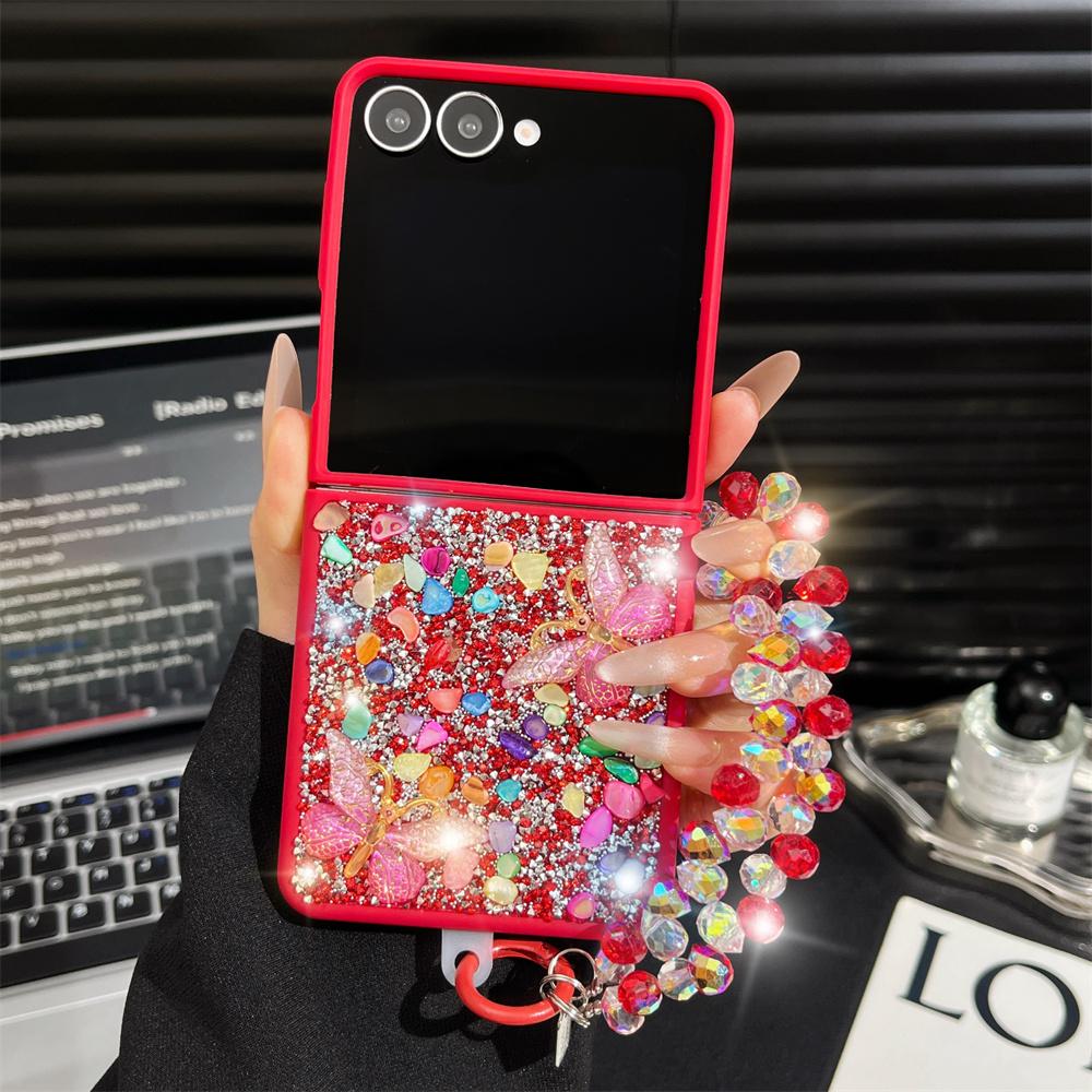 

Luxury Glitter Phone Case for Samsung Galaxy Z Flip 7 FE 6 5 4 3 Flip7 Cartoon Butterfly Crystal Stone Bling Wrist Strap Cover Galaxy Z Flip4 красный