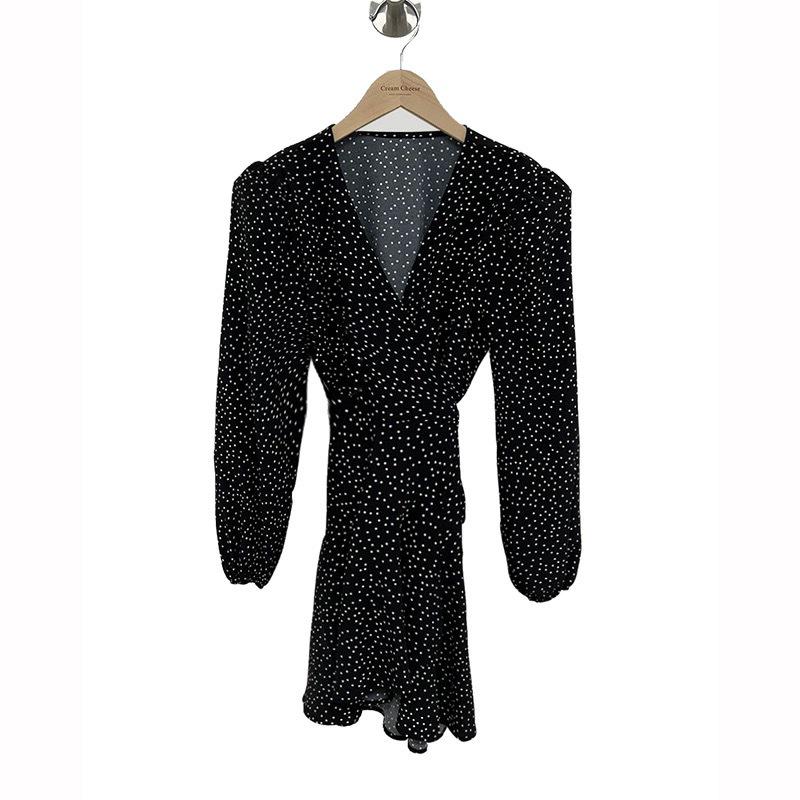 Women's Petite French Polka Dot V-Neck Long-Sleeve Belted Dress - Short Skirt for Spring & Autumn.