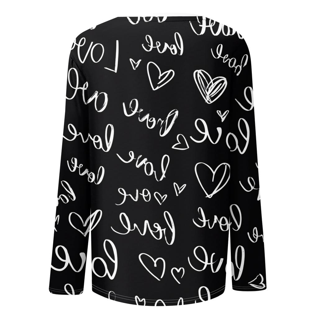 Women's Heart,shaped Printed Round,neck Loose Long,sleeved Top