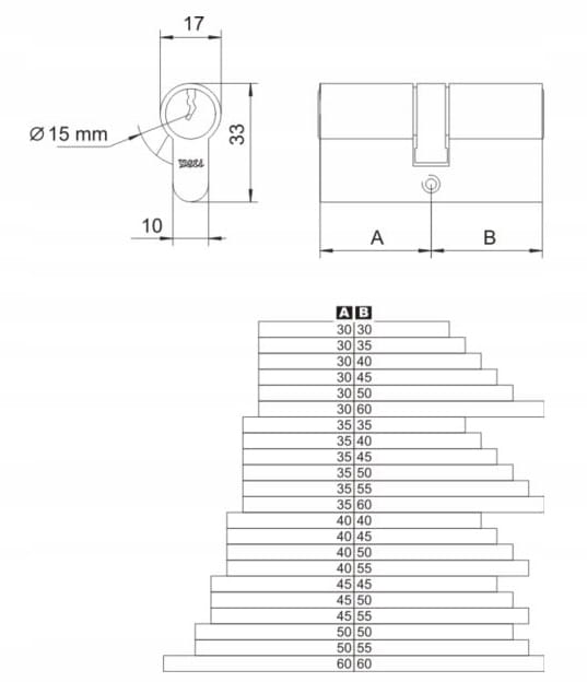 Door lock insert 3535 mm Satin nickel 3 keys