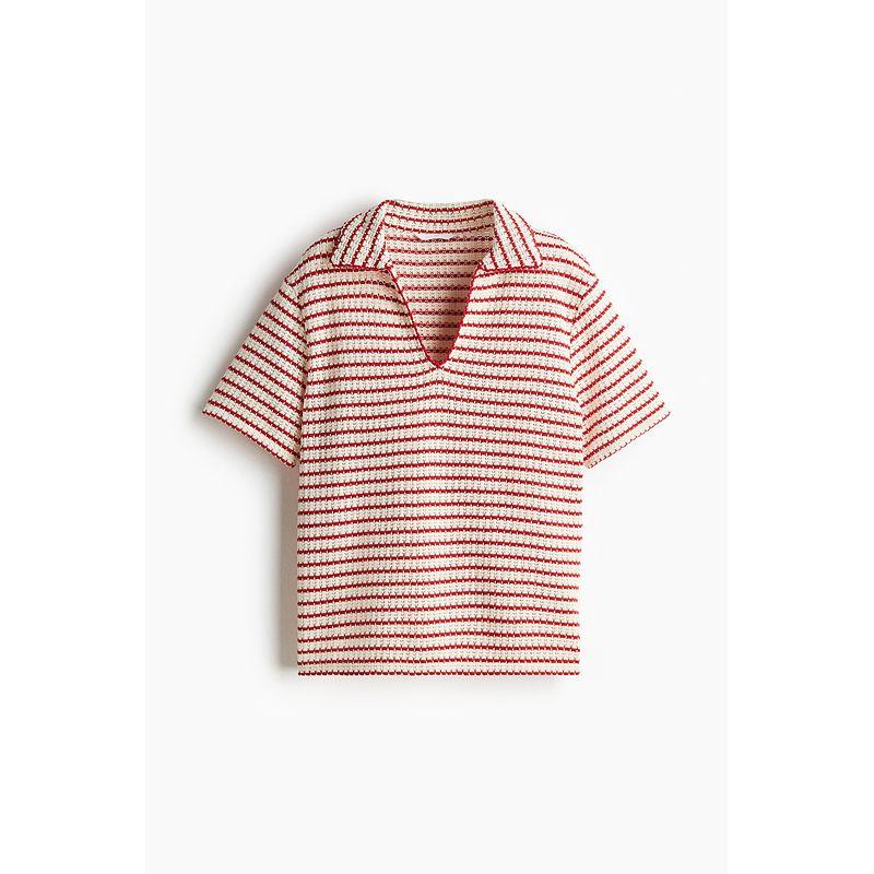 

HM Women s Clothing Fall 2025 New Arrival Texture Knitting Collared Top 1274589 Cream/Red Stripes 155/76(XXS)