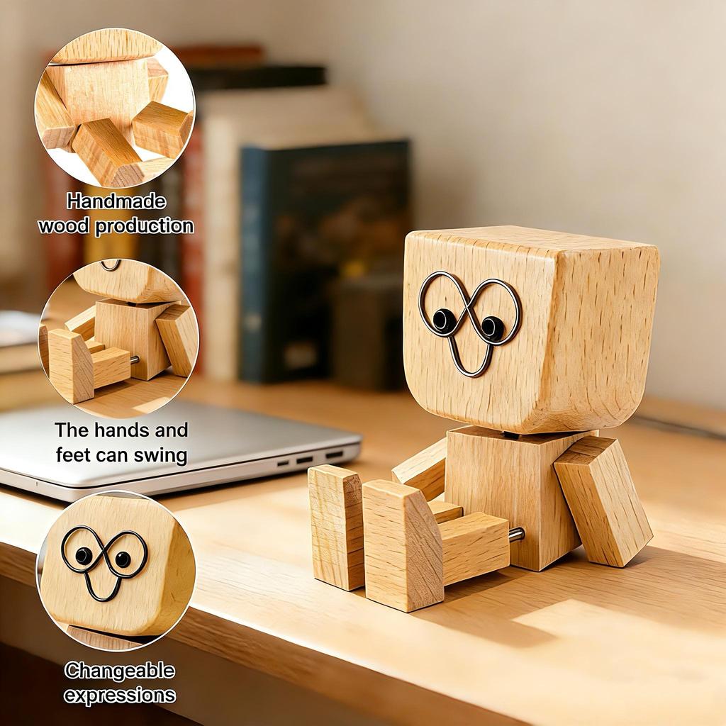 Handmade Shaking Wooden Figurine with 12 Magnetic Interchangeable Faces & Spring Legs - Stress Relief Home Decor Accent for Office Desk, Car Dashboard