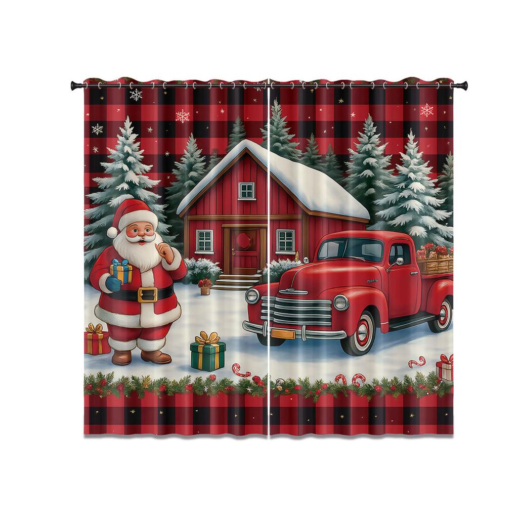 Set Of 2 Christmas House Santa Claus Red Print Perforated Curtains Multiple Sizes Living Room Bedroom Insulation Decoration Curtain Blackout Polyester