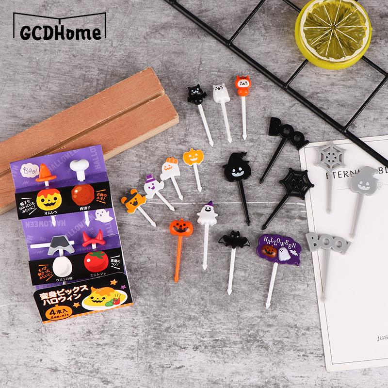 3-6pc Cartoon Halloween Pumpkin Ghost Dessert Snack Cake Food Fruit Fork Children Toothpic DIY Bento Lunches Party Decor