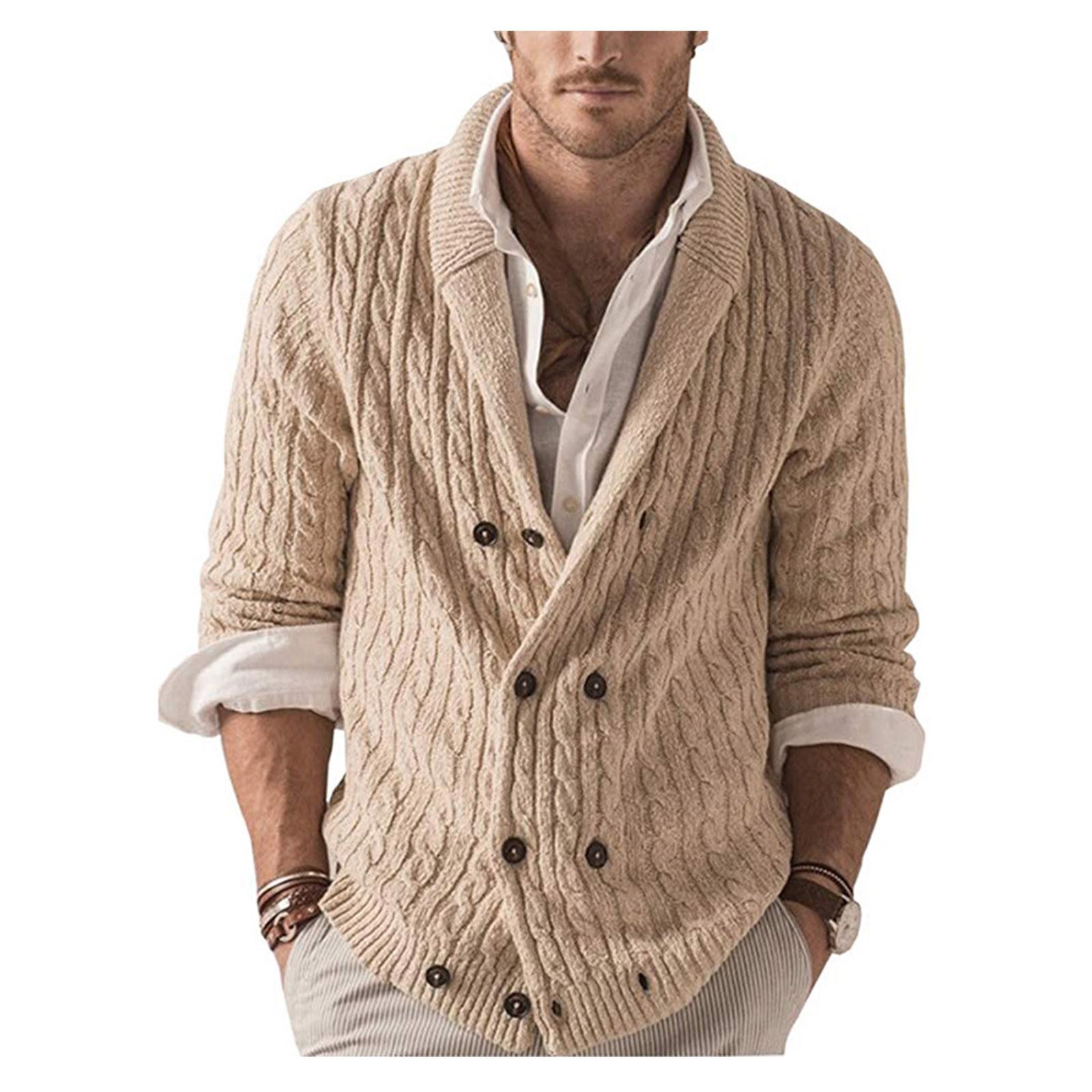 

И зимняя мужская мода свободный кардиган теплая куртка с капюшоном и лацканами свитер вязаное пальто XL бежевый