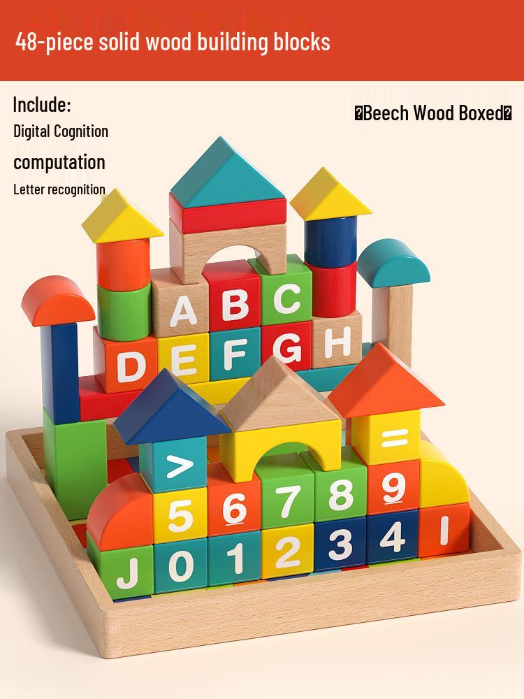 Large Particle Wooden Building Blocks for Infant and Child Early Education, Featuring Number & Letter Recognition.