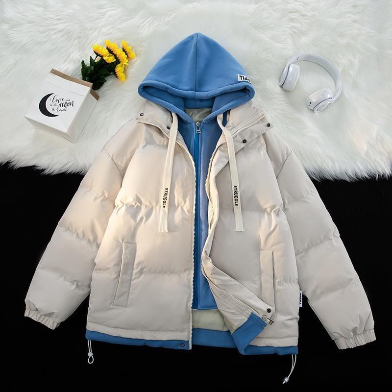 Winter new fake two-piece hooded cotton-padded jacket men's short loose thickened cotton-padded jacket winter bread-padded jacket