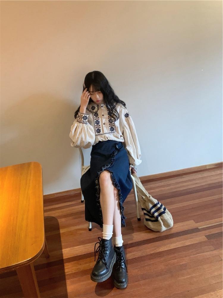 Retro Embroidered Denim Shirt & Lace Asymmetrical Fishtail Skirt Set for Spring & Autumn