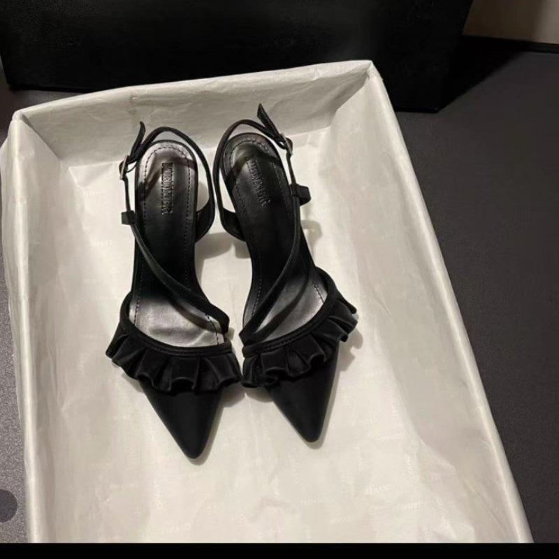 Fashion Mid Heels Women Sandals Pointed Toe Pleated Shoes Summer Buckle Slippers Designer Shallow Pumps 2025 New Fashion Dress Sandalias