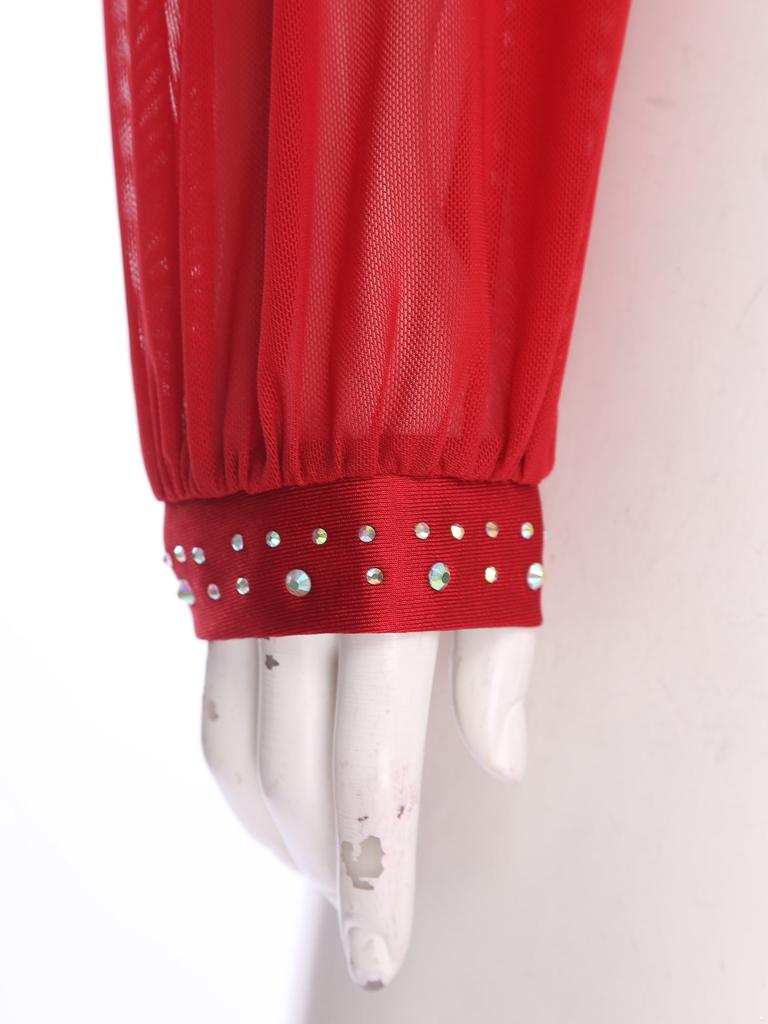 Damen Zeitgenössischer Tanz Top Asymmetrisch Transparentes Mesh Langarm Buntes Strass Crop Top