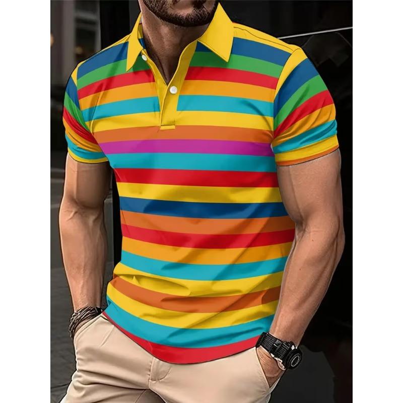 Men's Summer Short Sleeve Polo Shirts, Classic Striped Sporty Top, Fashionable Lapel Button-Up Men's Polo Shirts