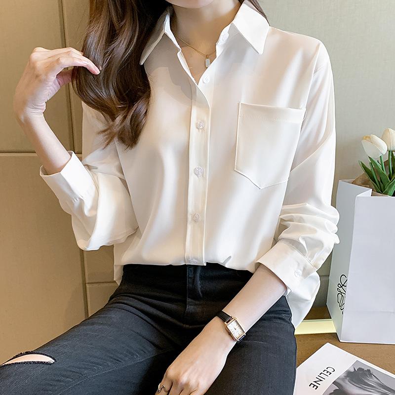 White shirt women's spring retro western-style design niche top simple temperament slimming long sleeved shirt