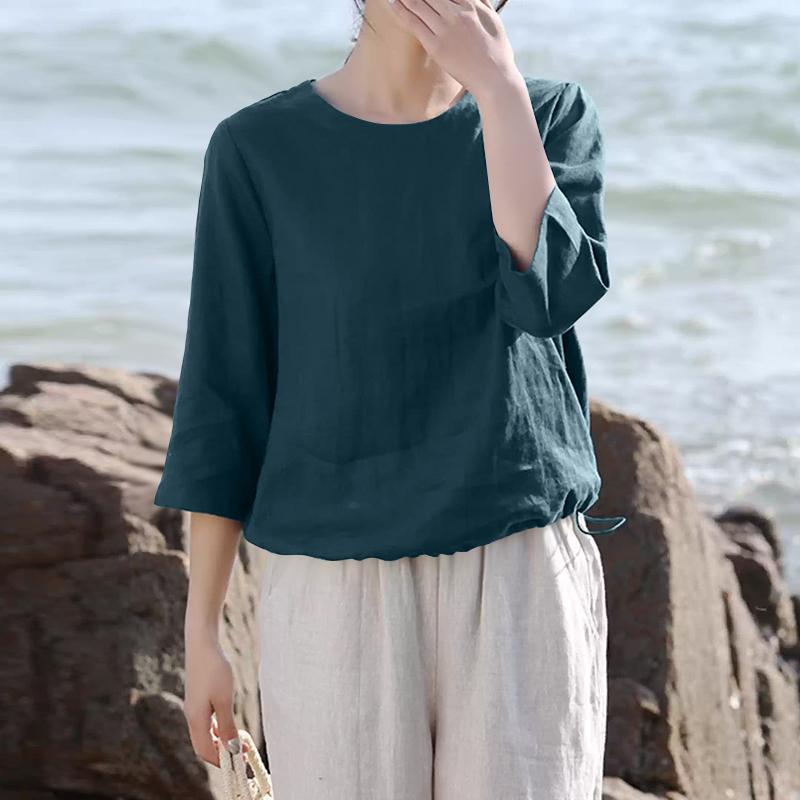 ZANZEA Women Casual Round Neck Loose Summer 3/4 Sleeve Blouse