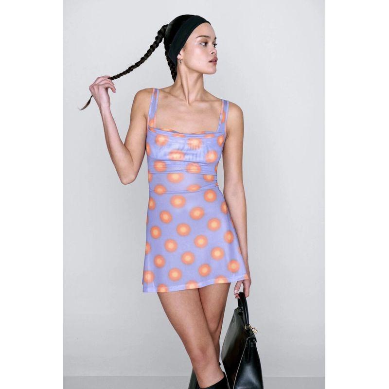 

Ruched Retro Plaid Slim Looking Sling Dress Neckline Purple Circle(High quality) L