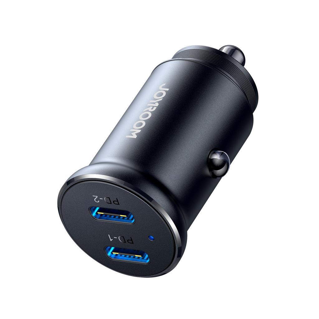 Joyroom JR-CCN06 30W Dual USB-C Car Charger – Elegant Black Metal, Space-Saving Design