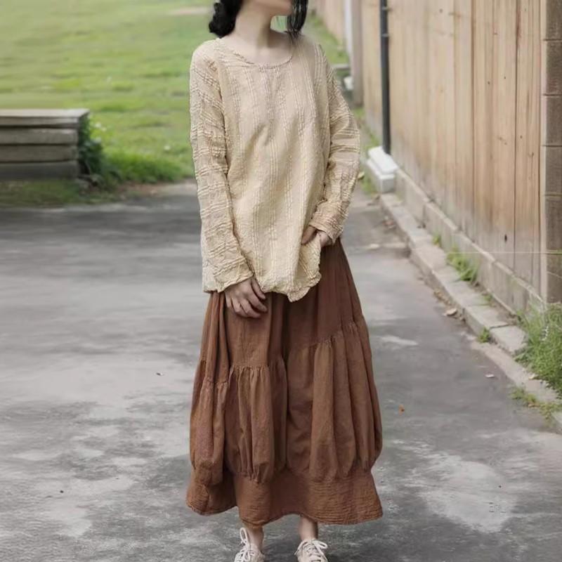 Johnature Women Vintage Beige T-Shirts O-Neck Long Sleeve Spring Loose Casual Jacquard T-Shirts