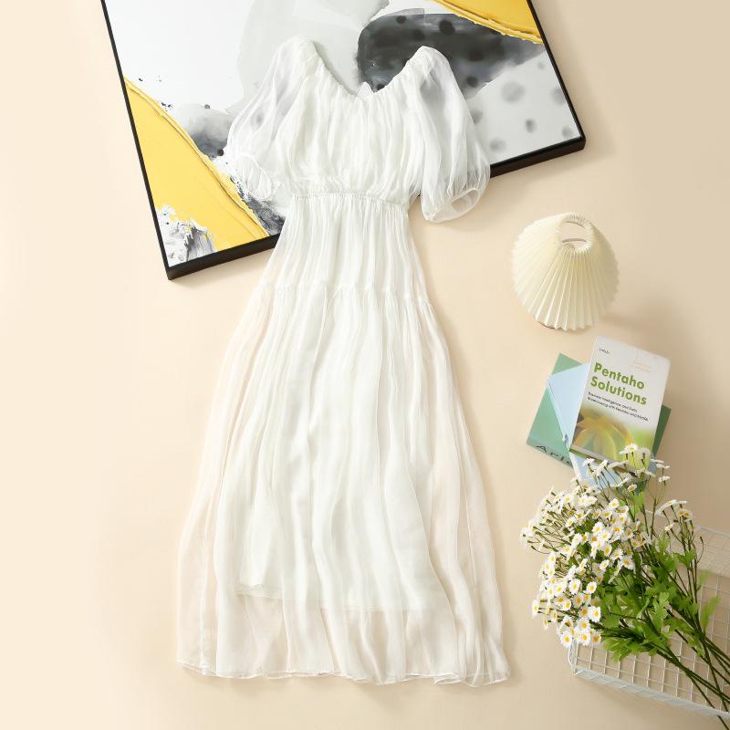 2025 Damen Seidenkleid mit französischen Puffärmeln und V-Ausschnitt