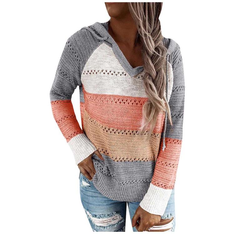 Women Casual Fashion V-Neck Long Sleeves Hooded Patchwork Sweater Blouse Tops
