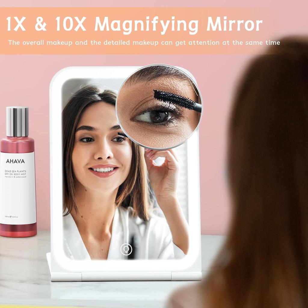 KerMiCi Lighted Travel Makeup Mirror, Portable Travel Mirror 10X Magnification with 72 LED Lights & Stepless Dimming 3 Color Rechargeable Cosmetic