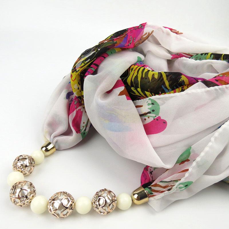 Floral Print Scarf Necklace with Beaded Chain – Elegant Women’s Fashion Jewelry & Versatile Infinity Scarf