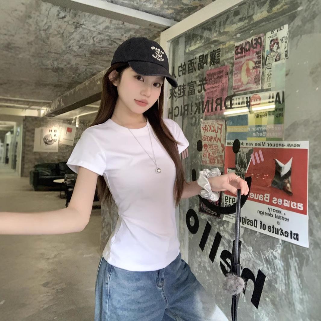 

Простая однотонная футболка с короткими рукавами и открытыми плечами для женщин на лето, новая, с круглым вырезом, приталенная, маленькая, короткая базовая майка M белый