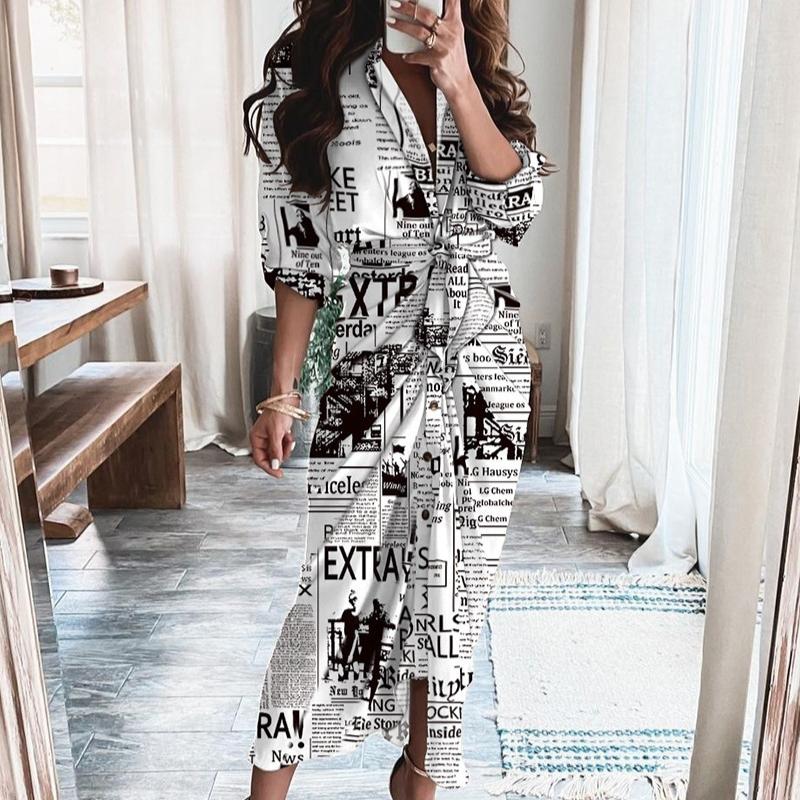 Women's Long Sleeve V-Neck Printed Dress Long Dress