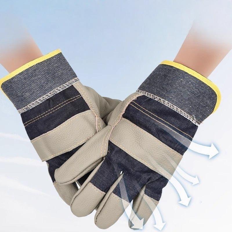 1 Pair Wear-Resistant Welder Maintenance Gloves Cowhide Denim Gloves Double Thickened Protective Labor Protection Gloves