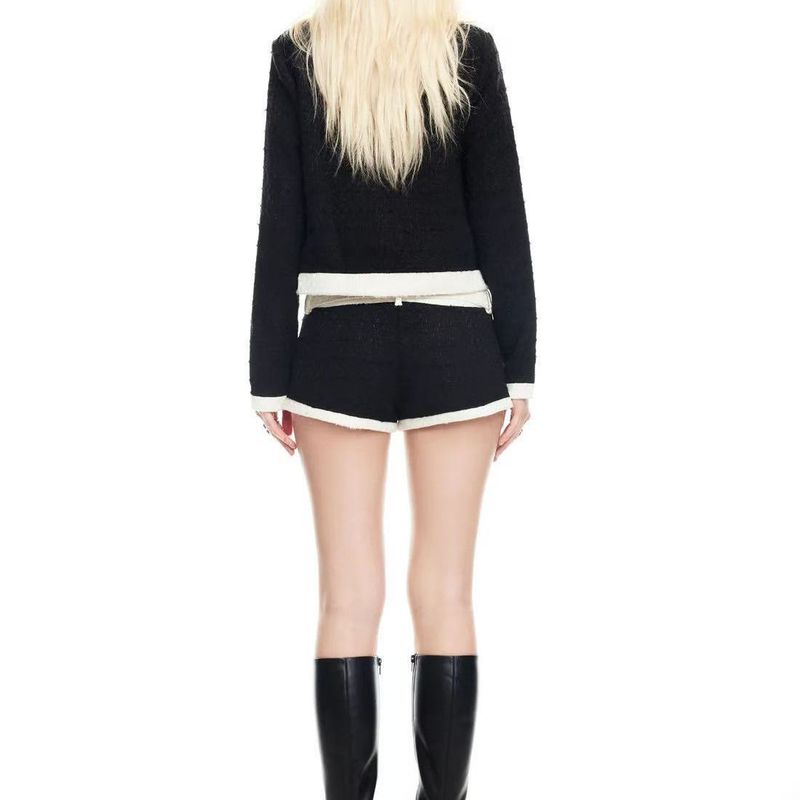 Zbzr Spring New Women clothes round Neck Long sleeve Age-Reducing Contrast Color Patchwork Jacket With Belt Shorts Set