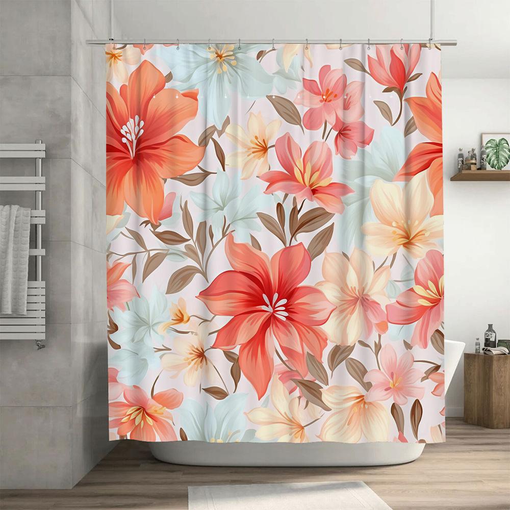 Pink Floral Shower Curtain Bathroom Decor Waterproof Fabric with Hooks for Bathtub or Pool Area