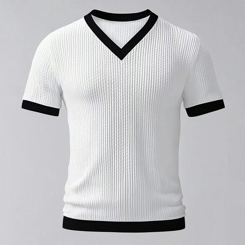 Mens Contrast Trim V Neck Textured Short Sleeve Slim Fit T Shirt S белый