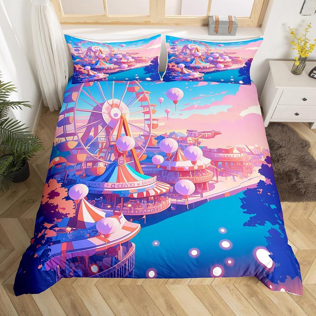 Ferris Wheel Duvet Cover Set For Kids Teens Boys Girls Lightweight Bedspread Cover Bedroom Decor Holiday Enjoy Theme Bedding Set