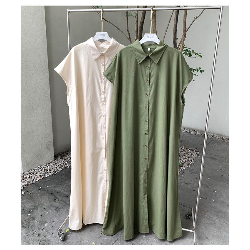 Skirt Short Sleeve Hemp Dress Women Loose Lapel Casual Shirt Dress