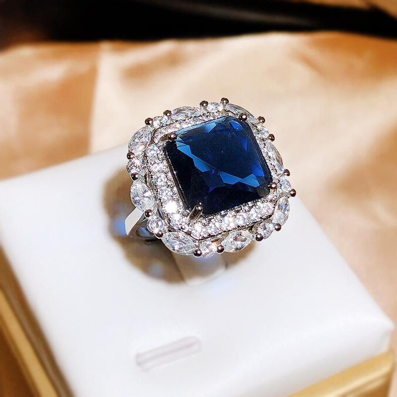 CopperNew Luxury Set Princess Square Diamond Opening Ring Women's Fashion Tanzanite Sapphire Engagement Ring