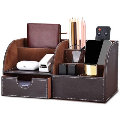 KINGFOM PU Leather Desk Storage Desktop Organizer with Stationery Remote Item Stylish Leather Box/Case, Drawer, Pen/Pencil Holder, Stand,