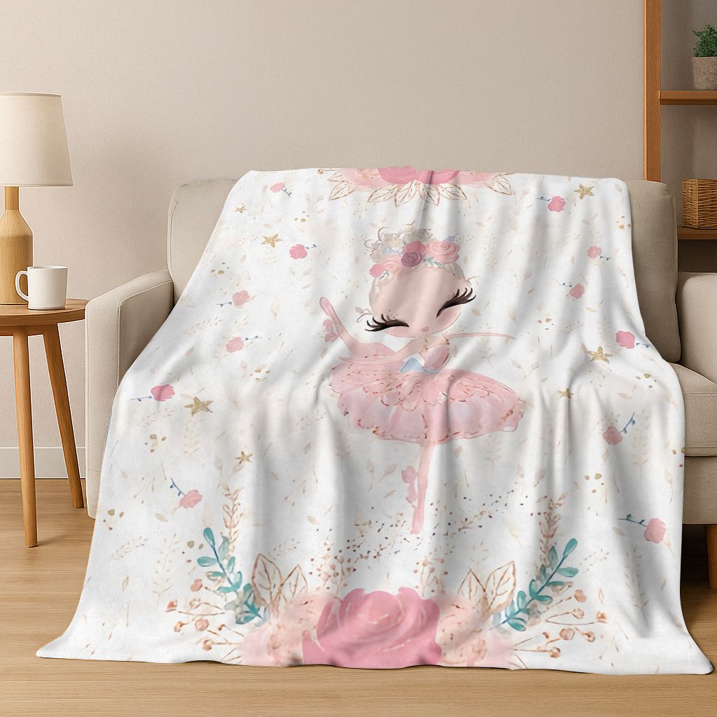 Elegant Ballet Dacing Girl Ballerina Cartoon Flannel Blanket,Cozy Soft Throw Blanket for Home Bedroom Bed Sofa Cover Gift Kids