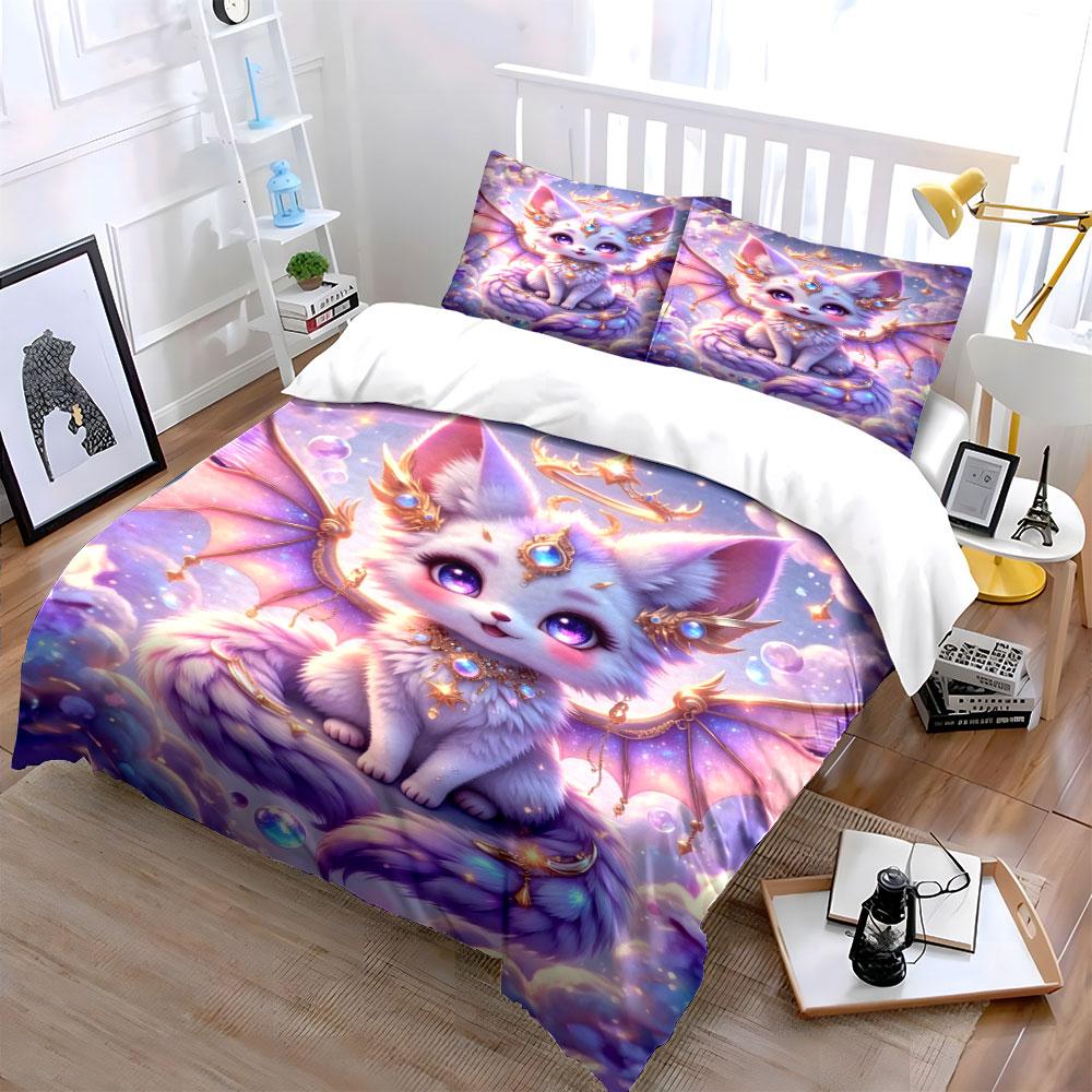 Dreamy Purple Winged Fox-Fairy Bedding Set for Kids Luxury Gift 3pcs Digital Print Comforter Set Soft Comfortable Breathable