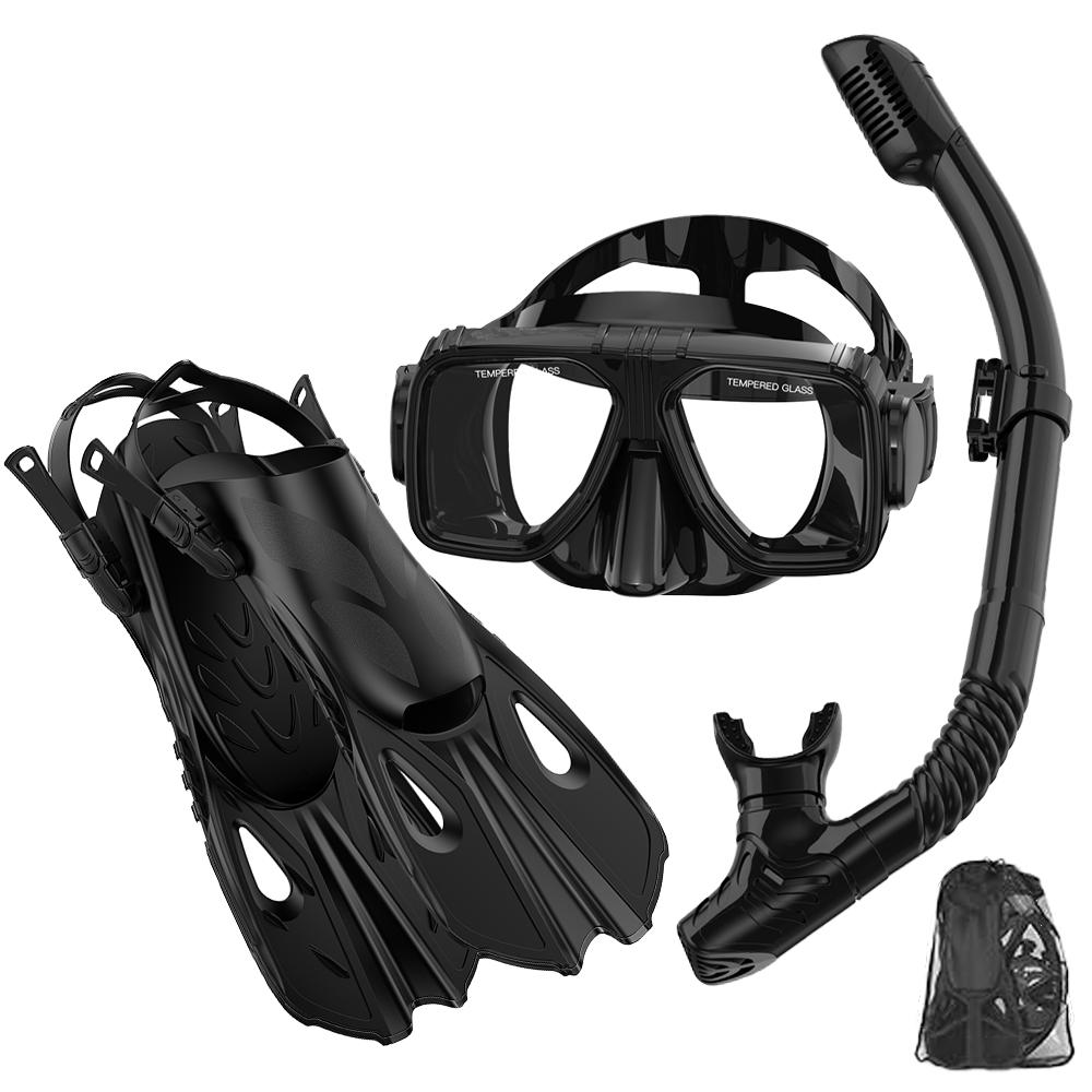 

Маска для дайвинга, ласты, трубка, набор для взрослых, панорамный обзор, маска для дайвинга, регулируемые ласты для дайвинга, сухая верхняя часть, трубка и дорожная сумка S/M чёрный