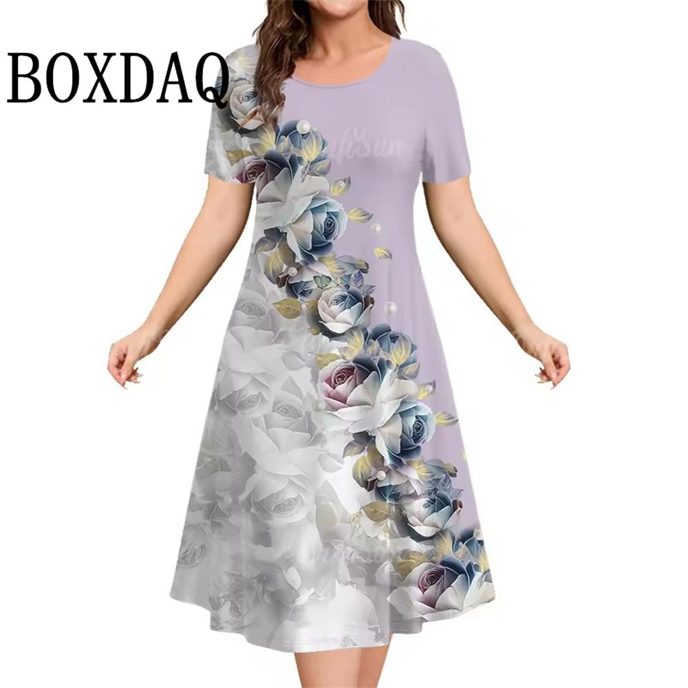 Casual Short Sleeve Woman Dress Elegant Summer Fashion Casual Loose Flowers 3D Print Dresses For Women 2025 Female Clothing