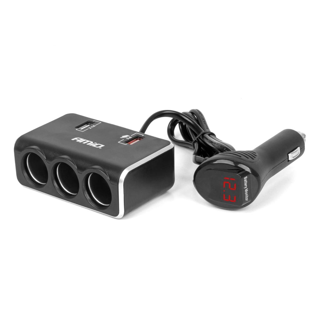 Cigarette lighter socket splitter with charger 2x USB-A QC3.0 12V 24V 120W 80cm AMIO-04364