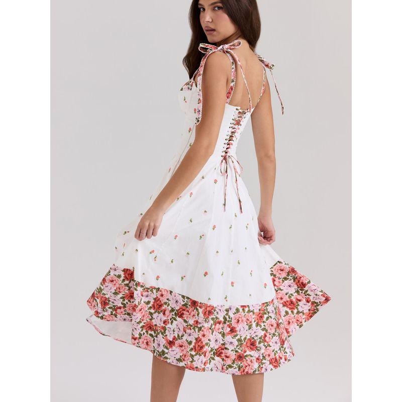 Orange Sunset House Same Style French style Pastoral Style Gentle Patchwork Floral Bow Lace-up Sling Dress