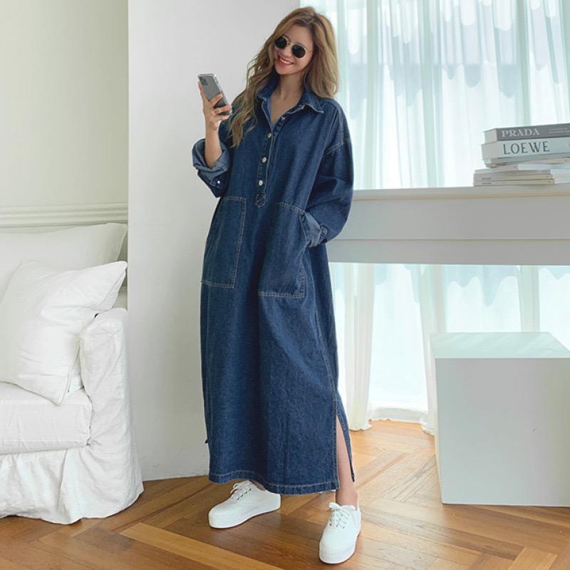 

LYRIA Loose Korean Drawstring Denim Dress Women Chic Split Women s Dresses Elegant Blue Pocket Dresses L синій